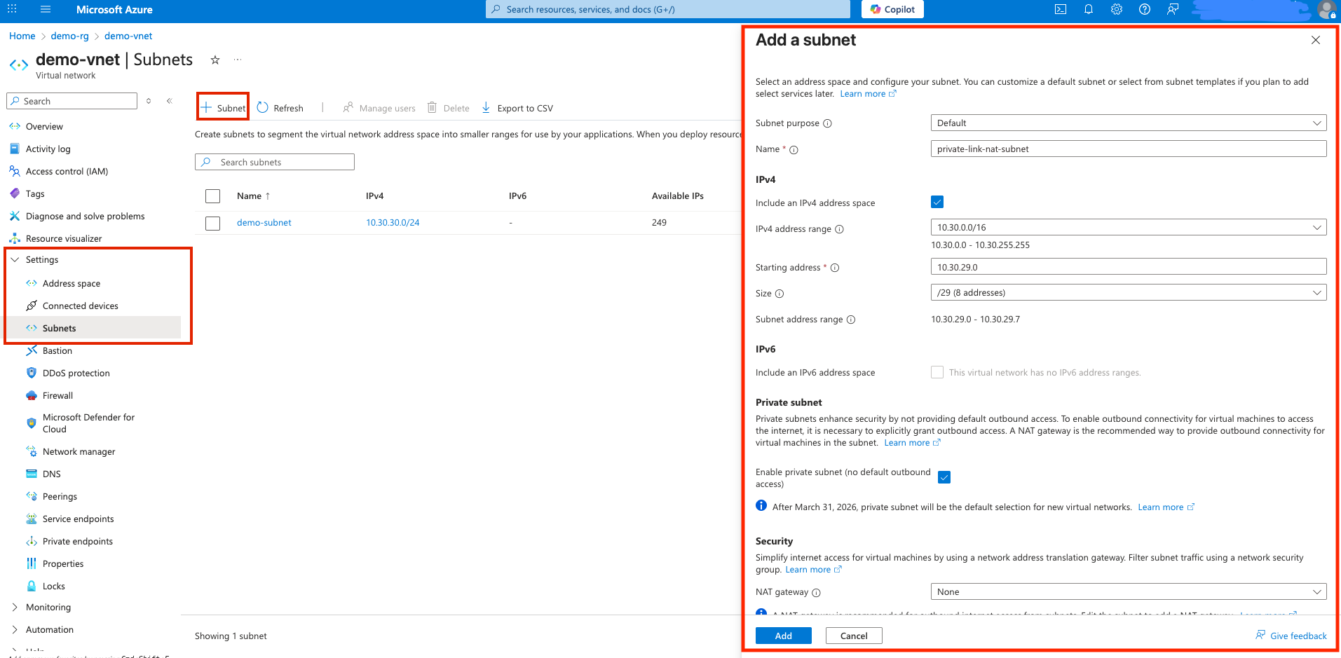 Screenshot of steps 4-5: NAT Subnet creation for Private Link Service Screenshot of steps 4-5: NAT Subnet creation for Private Link Service